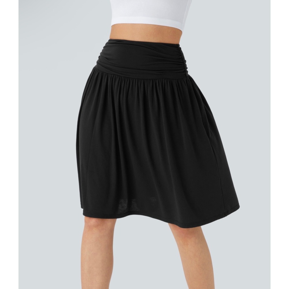 Halara Skirt Women S Black Ruched High Waisted Pockets Flowy Knee Length New